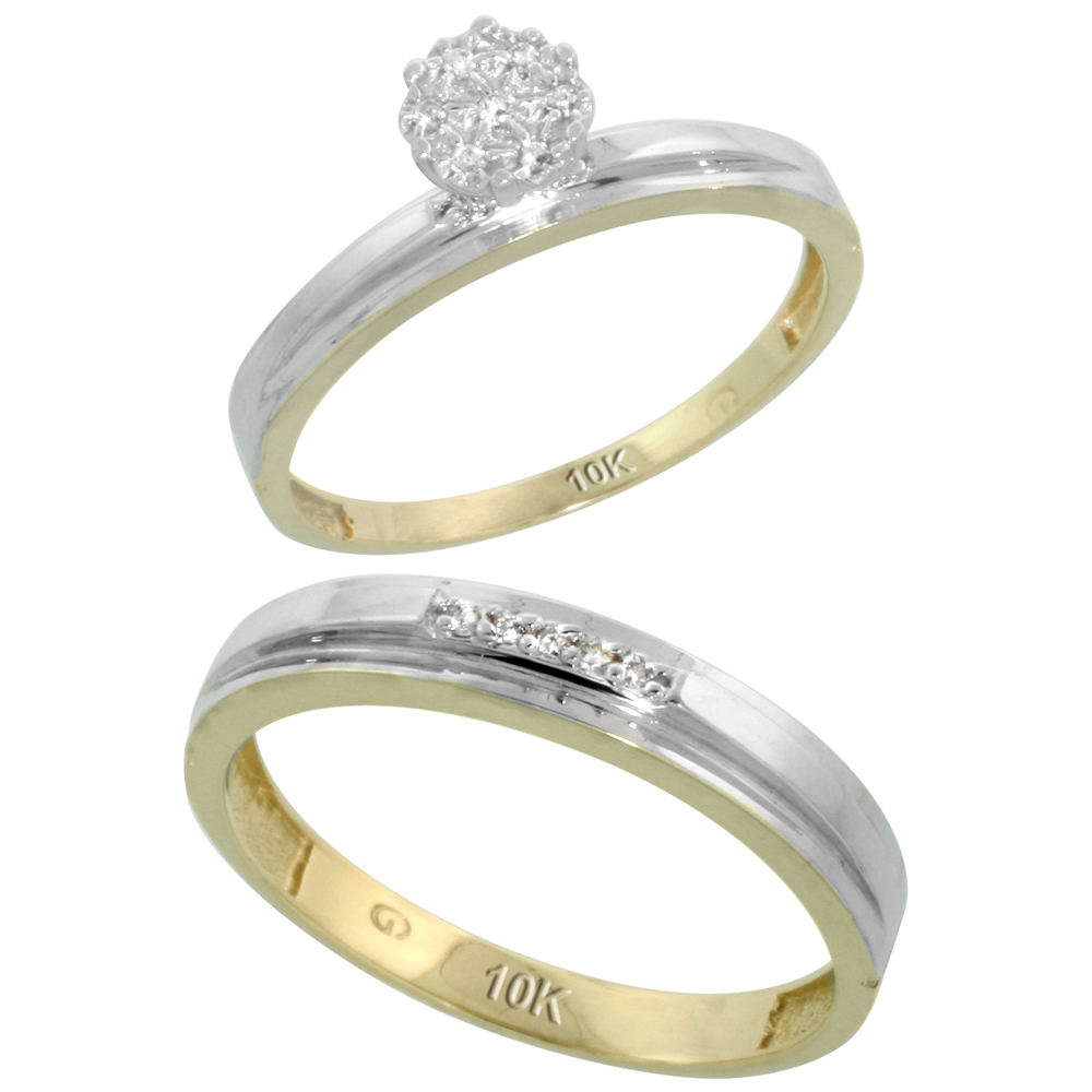 10k Yellow Gold Diamond Engagement Rings Set for Men and Women 2-Piece 0.08 cttw Brilliant Cut, 3mm & 4mm wide