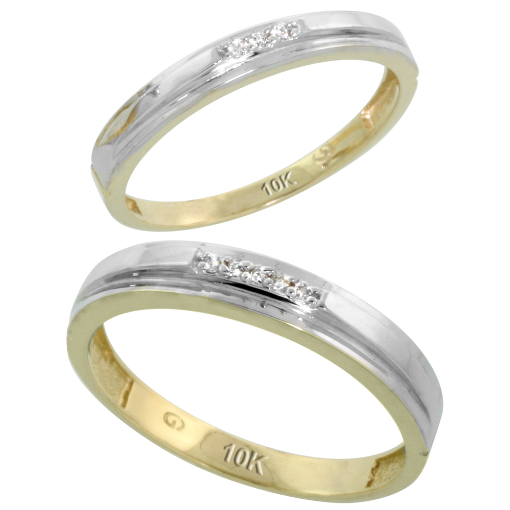 10k Yellow Gold Diamond Wedding Rings Set for him 4 mm and her 3 mm 2-Piece 0.05 cttw Brilliant Cut, ladies sizes 5 � 10, mens sizes 8 - 14