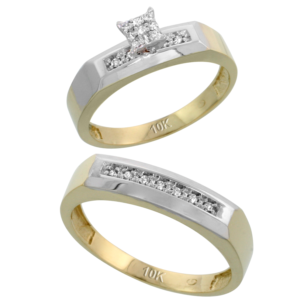 10k Yellow Gold Diamond Engagement Rings Set for Men and Women 2-Piece 0.11 cttw Brilliant Cut, 4.5mm & 5mm wide