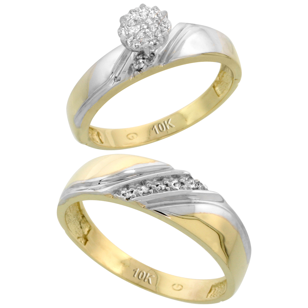 10k Yellow Gold Diamond Engagement Rings Set for Men and Women 2-Piece 0.08 cttw Brilliant Cut, 4.5mm & 6mm wide