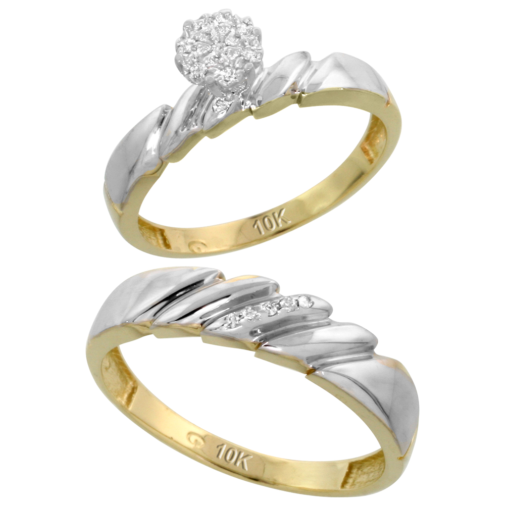 10k Yellow Gold Diamond Engagement Rings Set for Men and Women 2-Piece 0.08 cttw Brilliant Cut, 4mm & 5mm wide
