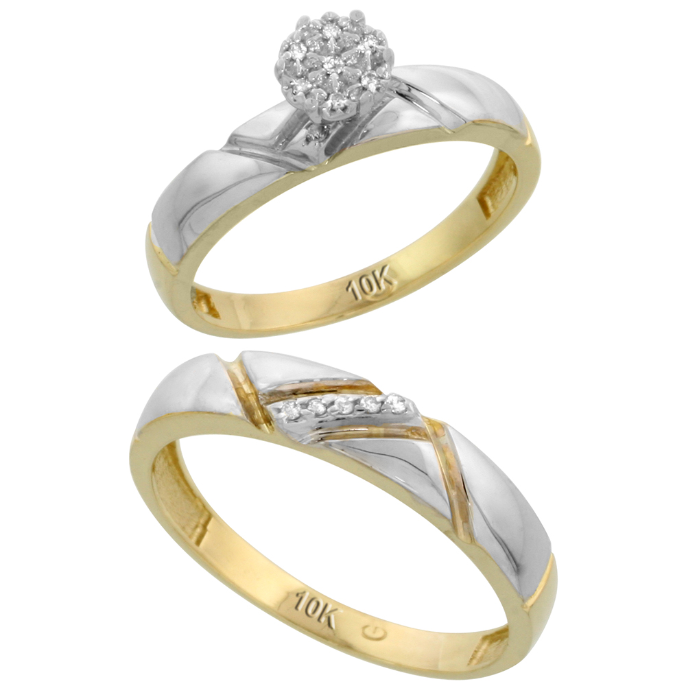 10k Yellow Gold Diamond Engagement Rings Set for Men and Women 2-Piece 0.08 cttw Brilliant Cut, 4mm & 4.5mm wide