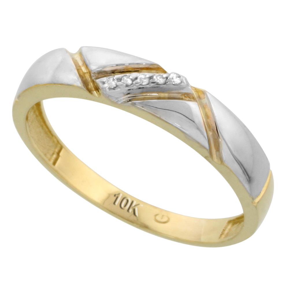 10k Yellow Gold Mens Diamond Wedding Band Ring 0.03 cttw Brilliant Cut, 3/16 inch 4.5mm wide