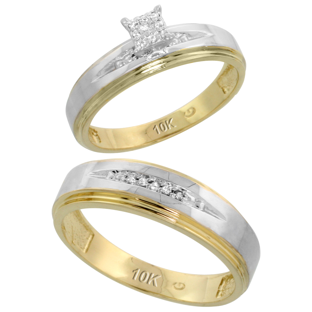 10k Yellow Gold Diamond Engagement Rings Set for Men and Women 2-Piece 0.09 cttw Brilliant Cut, 5mm & 6mm wide