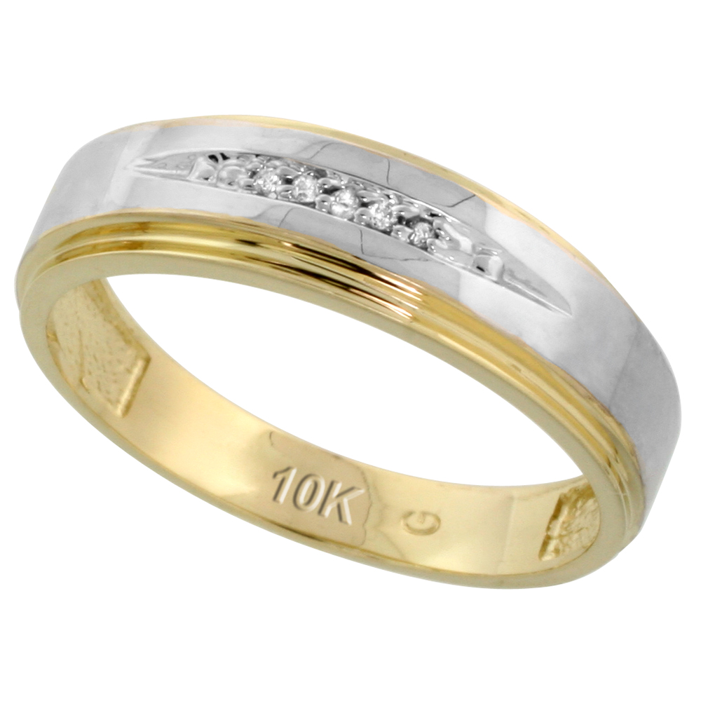 10k Yellow Gold Mens Diamond Wedding Band Ring for Men 0.03 cttw Brilliant Cut 1/4 inch 6mm wide