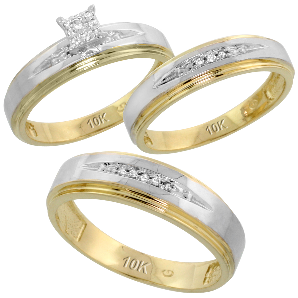 10k Yellow Gold Diamond Trio Engagement Wedding Ring Set for Him and Her 3-piece 6 mm & 5 mm wide 0.11 cttw Brilliant Cut, ladies sizes 5 ï¿½ 10, mens sizes 8 - 14