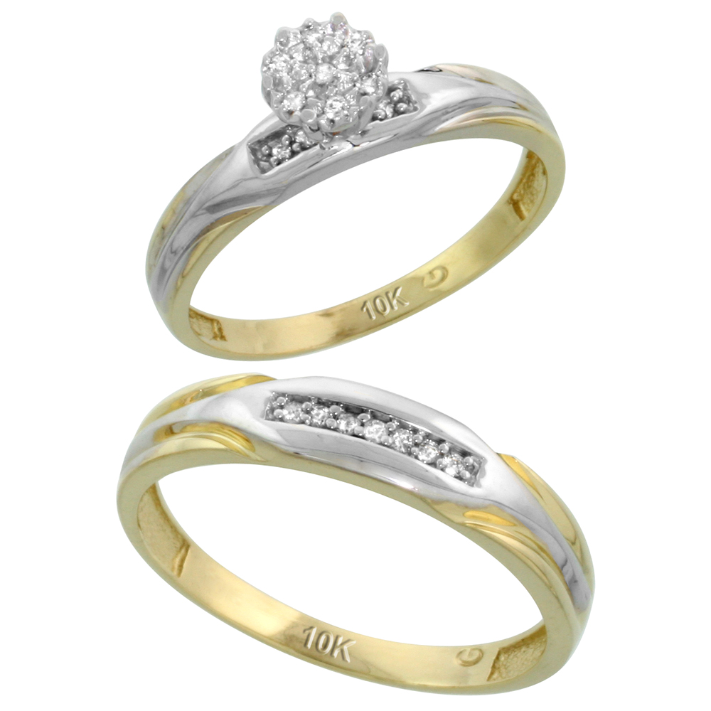 10k Yellow Gold Diamond Engagement Rings Set for Men and Women 2-Piece 0.10 cttw Brilliant Cut, 3.5mm & 4.5mm wide