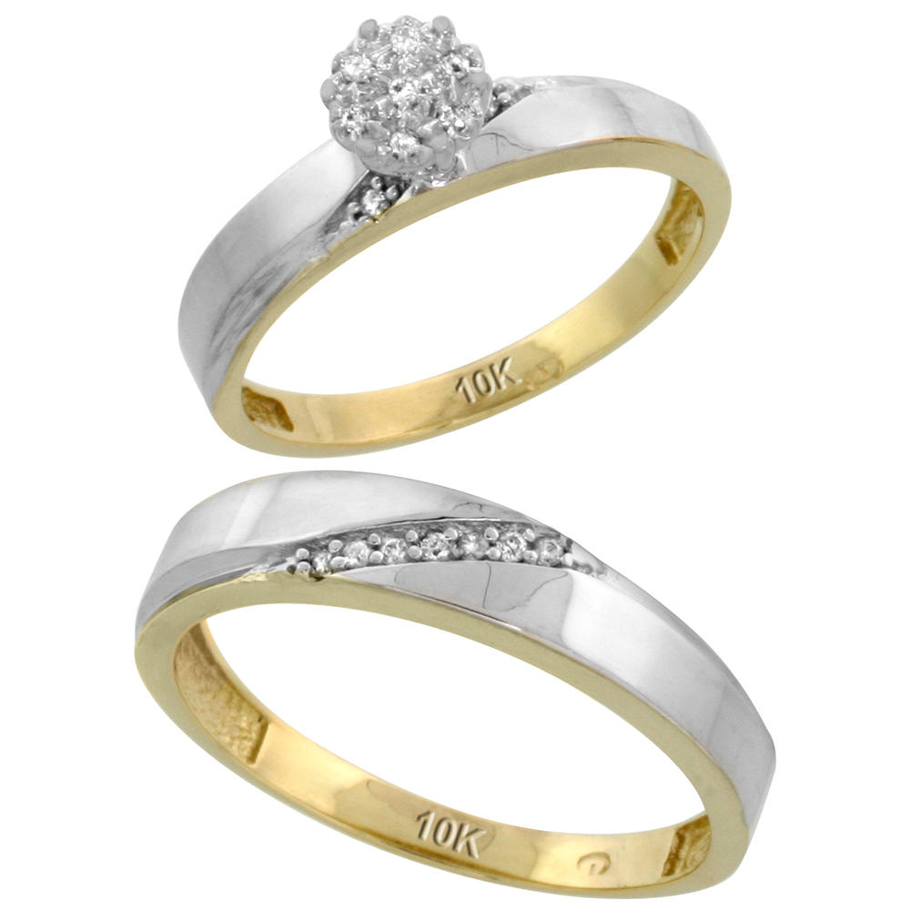 10k Yellow Gold Diamond Engagement Rings Set for Men and Women 2-Piece 0.10 cttw Brilliant Cut, 3.5mm & 4.5mm wide