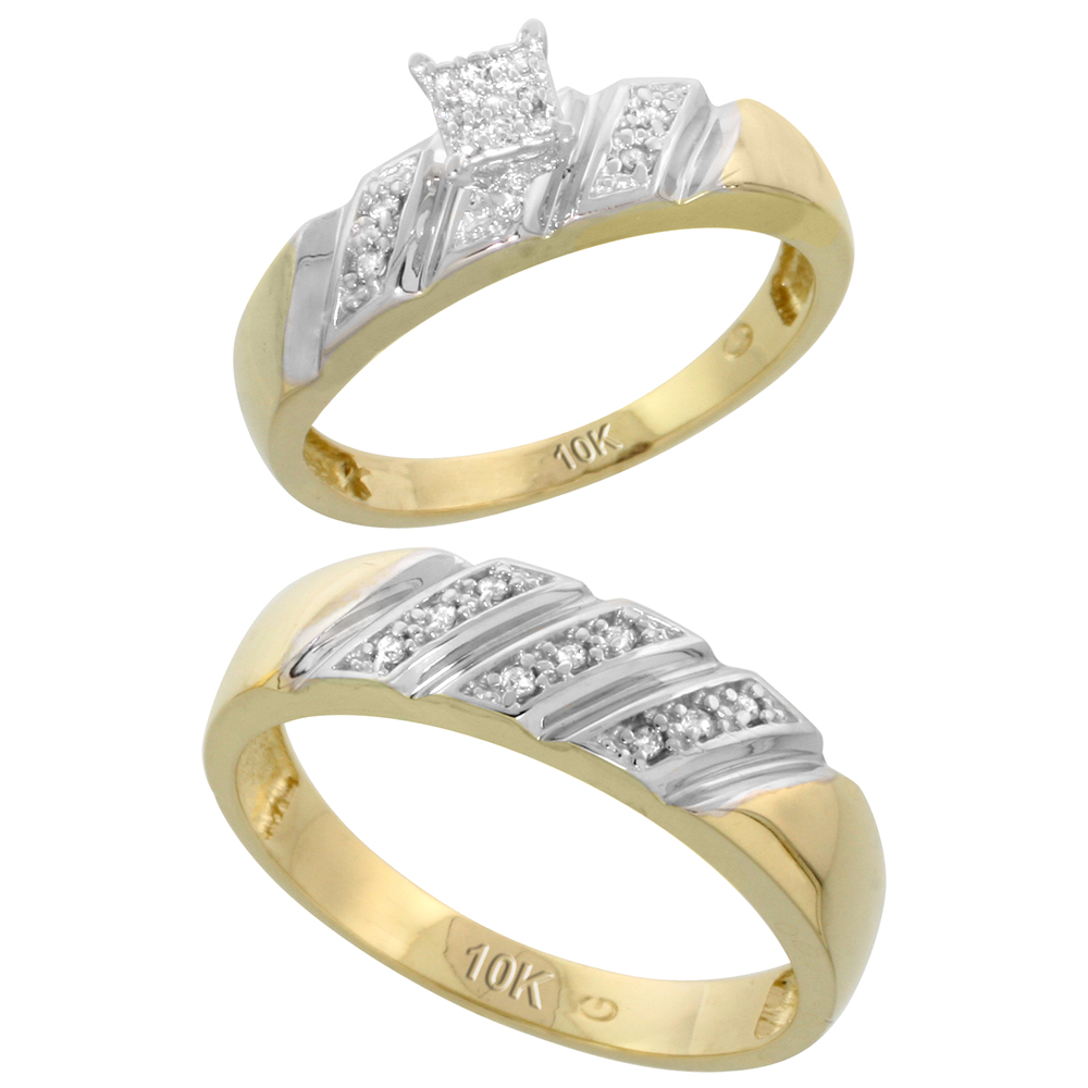 10k Yellow Gold Diamond Engagement Rings Set for Men and Women 2-Piece 0.12 cttw Brilliant Cut, 5mm & 6mm wide