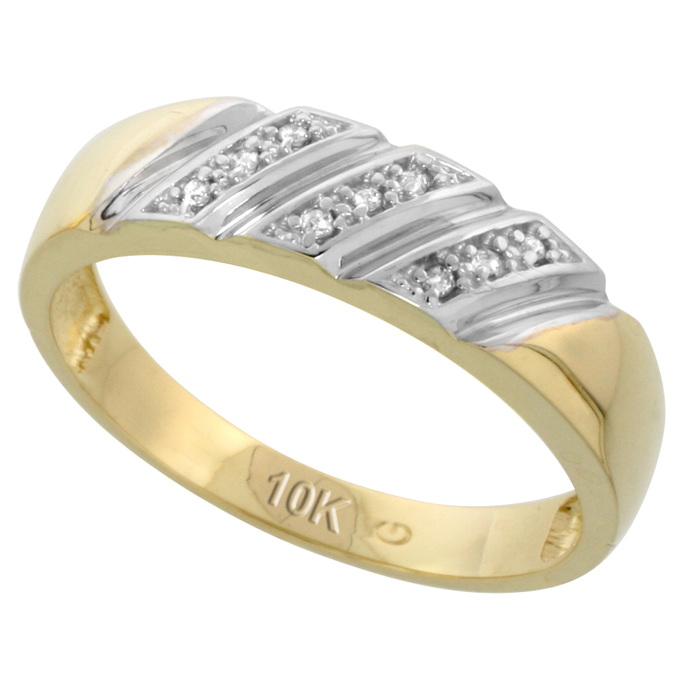 10k Yellow Gold Mens Diamond Wedding Band Ring 0.05 cttw Brilliant Cut, 1/4 inch 6mm wide