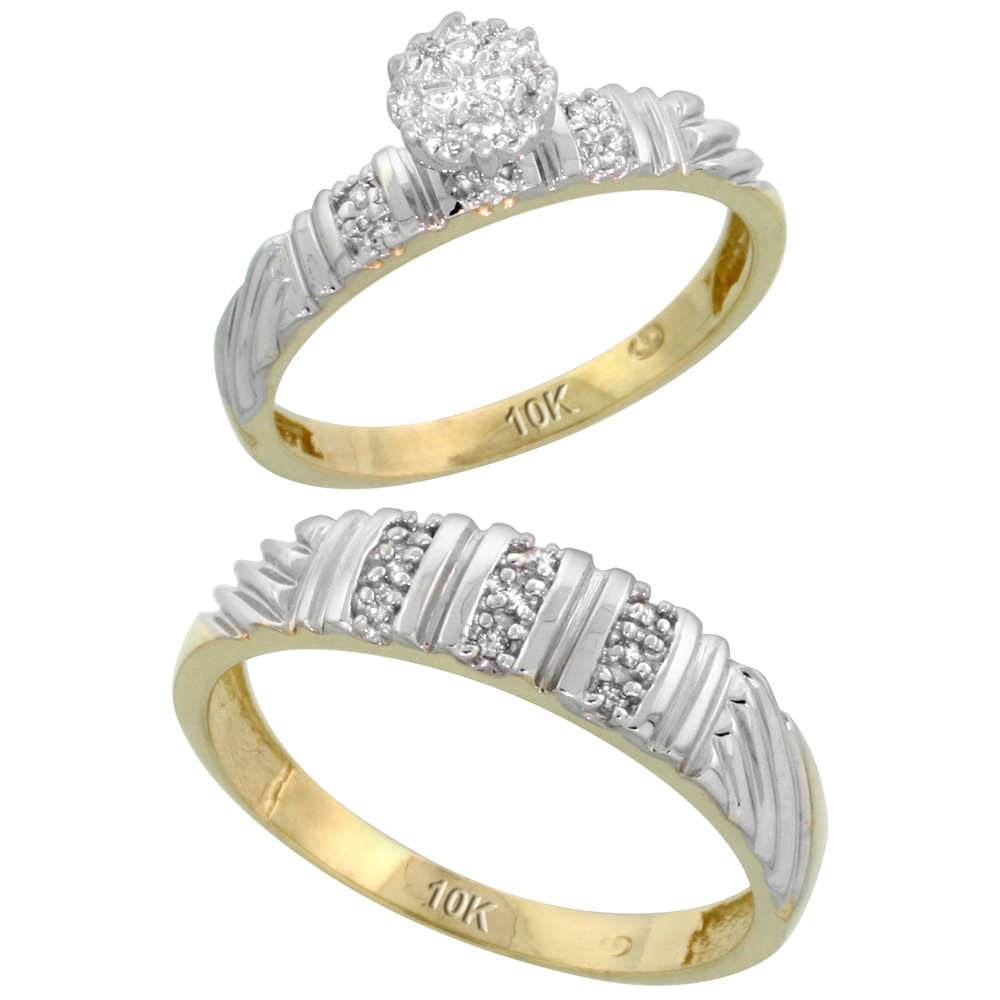 10k Yellow Gold Diamond Engagement Rings Set for Men and Women 2-Piece 0.11 cttw Brilliant Cut, 3.5mm & 5mm wide