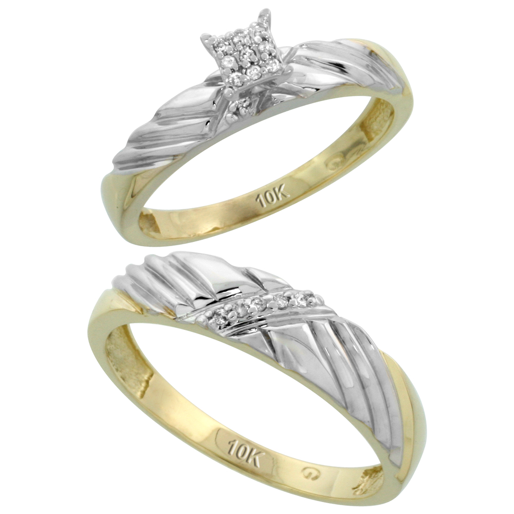 10k Yellow Gold Diamond Engagement Rings Set for Men and Women 2-Piece 0.09 cttw Brilliant Cut, 3.5mm & 5mm wide