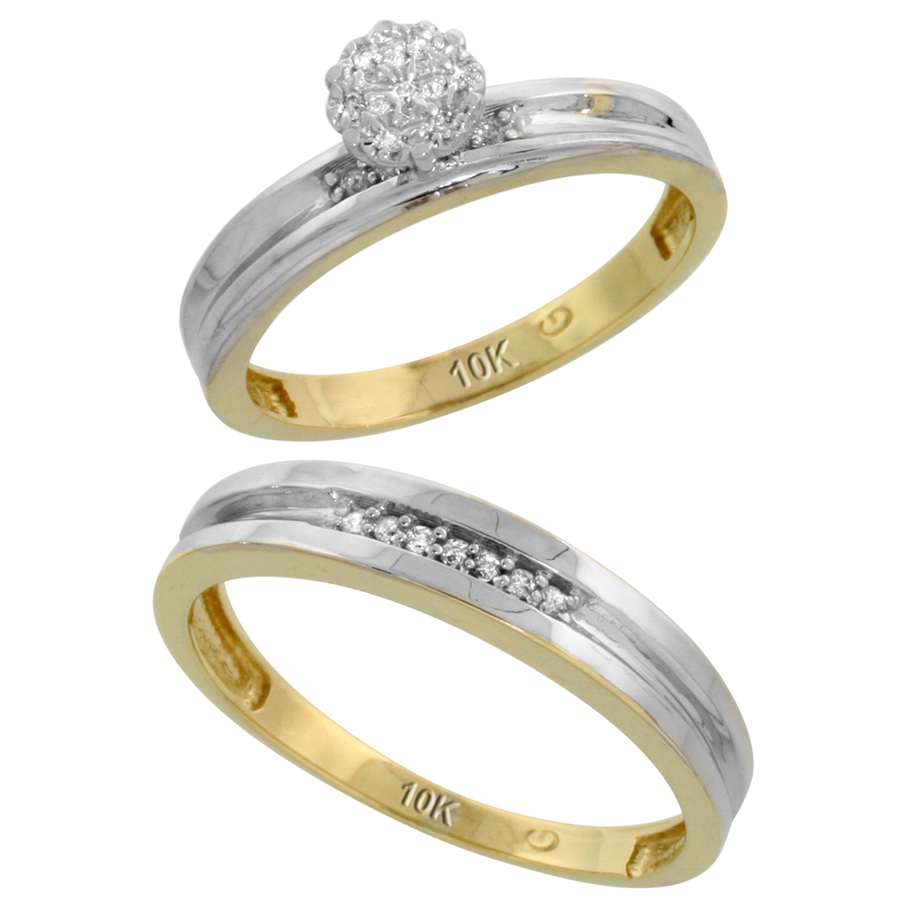 10k Yellow Gold Diamond Engagement Rings Set for Men and Women 2-Piece 0.10 cttw Brilliant Cut, 4 mm & 3.5 mm wide