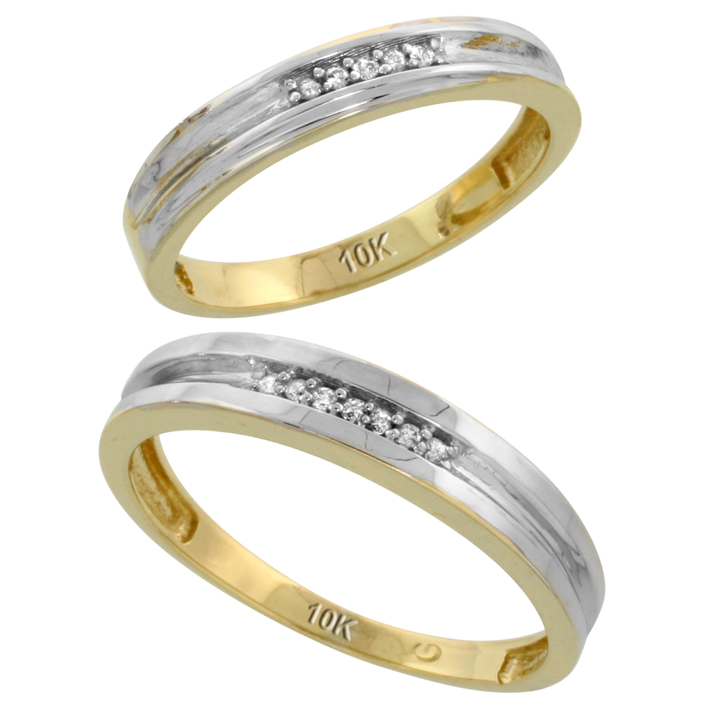 10k Yellow Gold Diamond Wedding Rings Set for him 4 mm and her 3.5 mm 2-Piece 0.07 cttw Brilliant Cut, ladies sizes 5 � 10, mens sizes 8 - 14