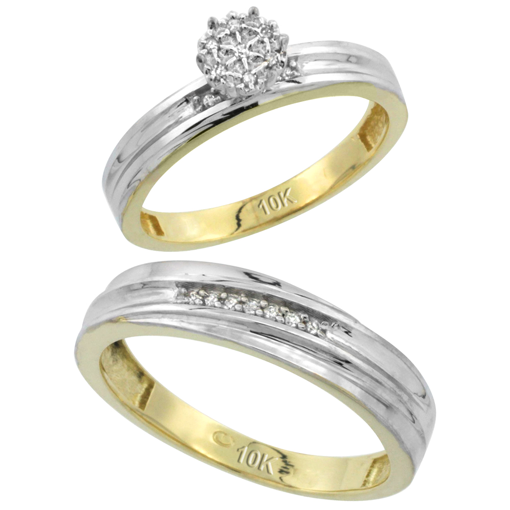 10k Yellow Gold Diamond Engagement Rings Set for Men and Women 2-Piece 0.10 cttw Brilliant Cut, 4 mm & 3.5 mm wide