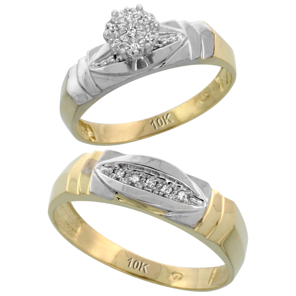 10k Yellow Gold Diamond Engagement Rings Set for Men and Women 2-Piece 0.07 cttw Brilliant Cut, 5mm & 6mm wide