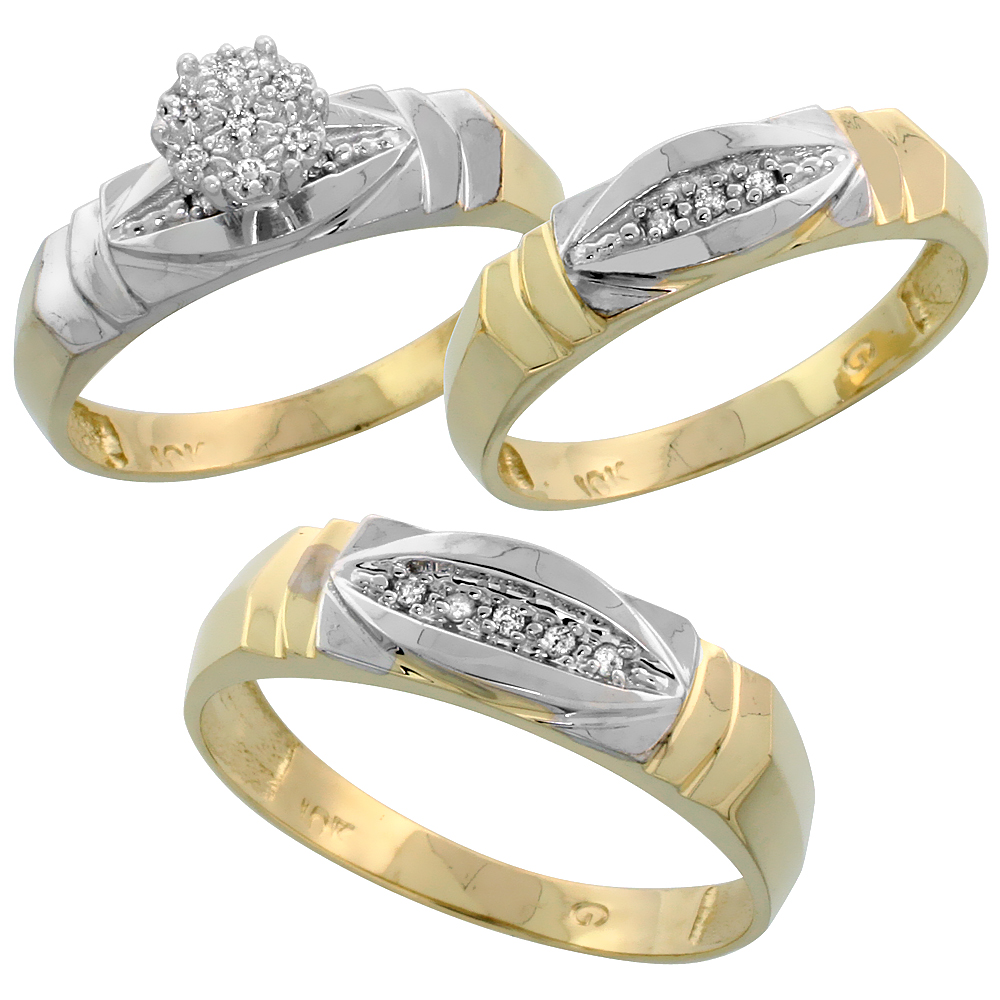 10k Yellow Gold Trio Engagement Wedding Ring Set for Him and Her 3-piece 6 mm &amp; 5 mm wide 0.09 cttw Brilliant Cut, ladies sizes 