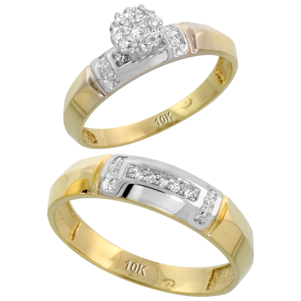10k Yellow Gold Diamond Engagement Rings Set for Men and Women 2-Piece 0.08 cttw Brilliant Cut, 4mm & 5.5mm wide