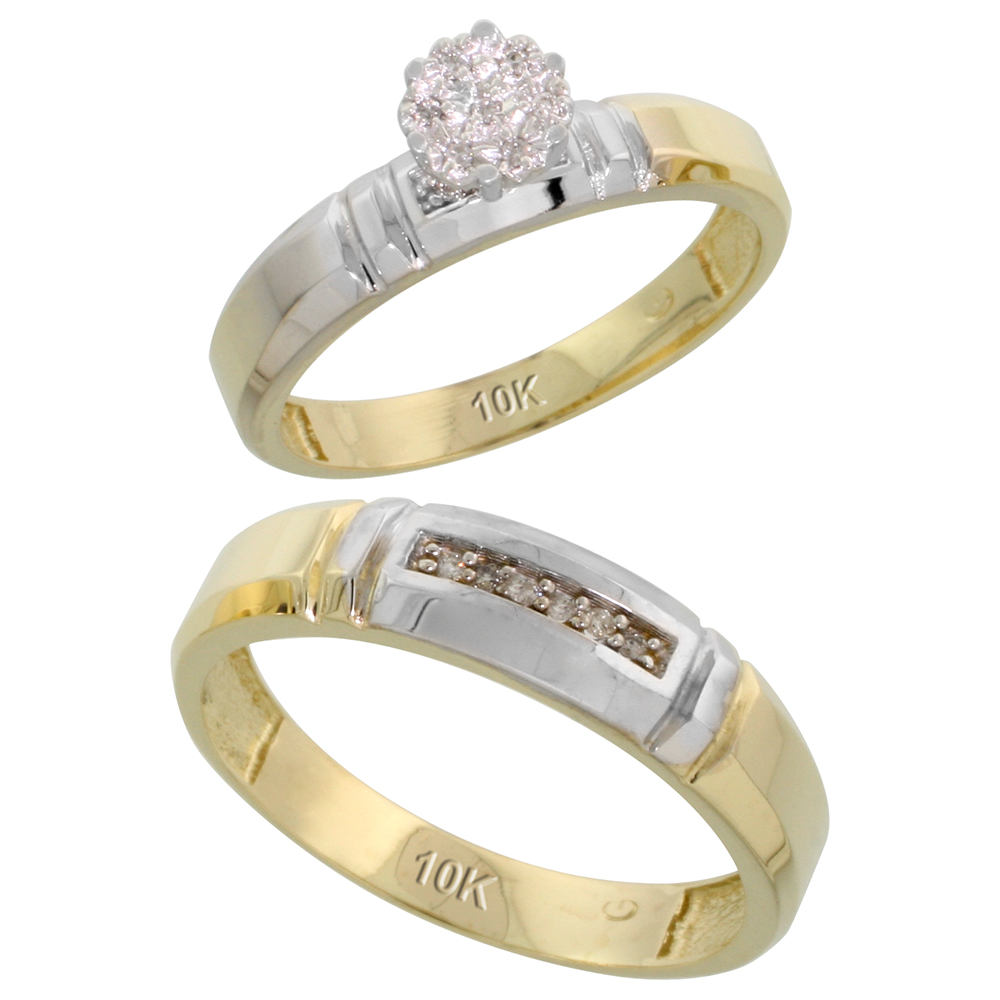 10k Yellow Gold Diamond Engagement Rings Set for Men and Women 2-Piece 0.08 cttw Brilliant Cut, 4mm & 5.5mm wide