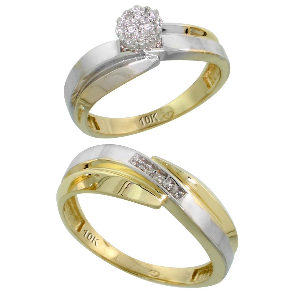 10k Yellow Gold Diamond Engagement Rings Set for Men and Women 2-Piece 0.08 cttw Brilliant Cut, 6mm & 7mm wide
