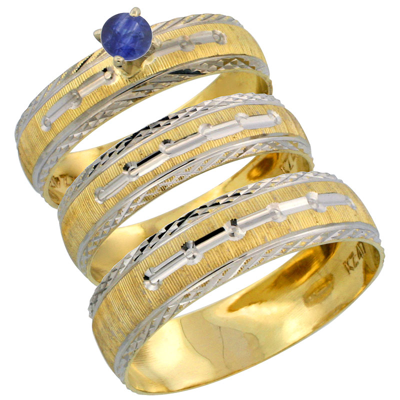 10k Gold 3-Piece Trio Blue Sapphire Wedding Ring Set Him & Her 0.10 ct Rhodium Accent Diamond-cut Pattern, Ladies Sizes 5 - 10 & Men's Sizes 8 - 14