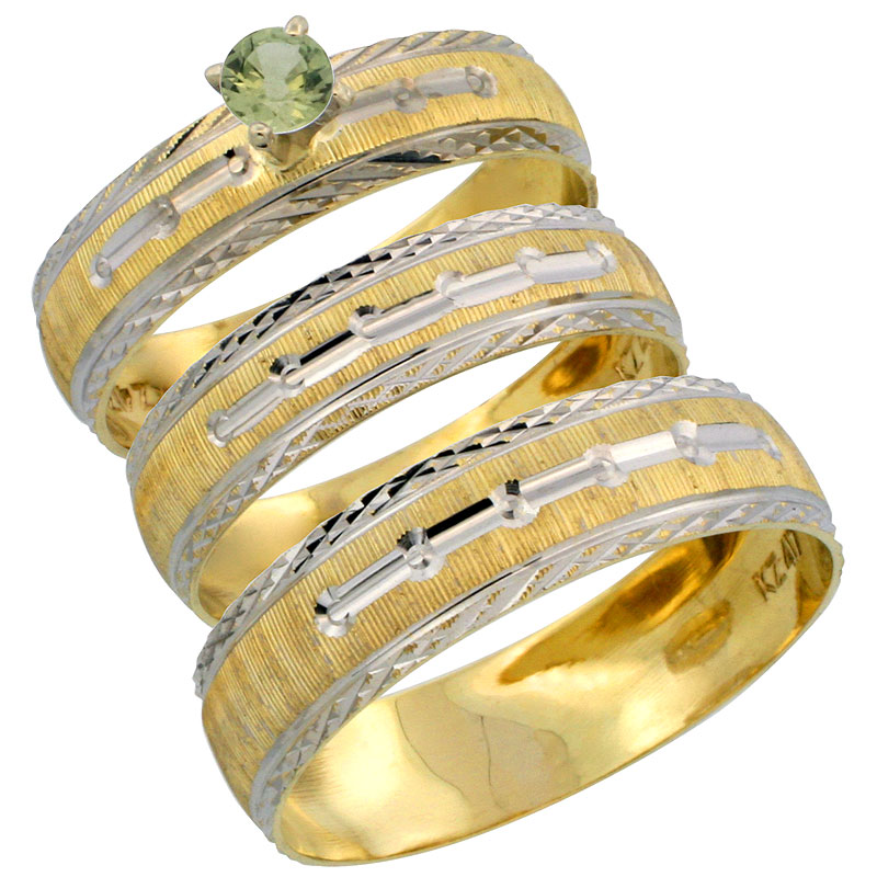 10k Gold 3-Piece Trio Green Sapphire Wedding Ring Set Him &amp; Her 0.10 ct Rhodium Accent Diamond-cut Pattern, Ladies Sizes 5 - 10 &amp; Men&#039;s Sizes 8 - 14