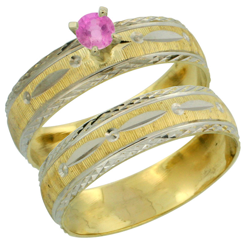 10k Gold Ladies' 2-Piece 0.25 Carat Pink Sapphire Engagement Ring Set Diamond-cut Pattern Rhodium Accent, 3/16 in. (4.5mm) wide,