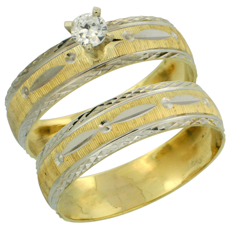 10k Gold Ladies' 2-Piece 0.25 Carat White Sapphire Engagement Ring Set Diamond-cut Pattern Rhodium Accent, 3/16 in. (4.5mm) wide