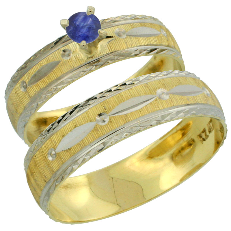 10k Gold 2-Piece 0.25 Carat Deep Blue Sapphire Ring Set (Engagement Ring &amp; Man&#039;s Wedding Band) Diamond-cut Pattern Rhodium Accen