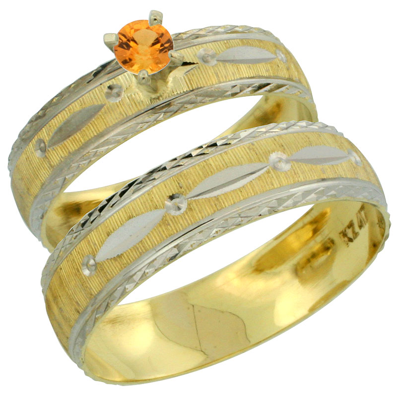 10k Gold 2-Piece 0.25 Carat Orange Sapphire Ring Set (Engagement Ring &amp; Man&#039;s Wedding Band) Diamond-cut Pattern Rhodium Accent, 