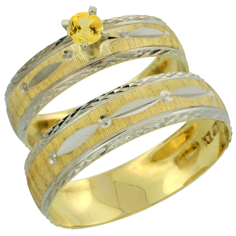 10k Gold 2-Piece 0.25 Carat Yellow Sapphire Ring Set (Engagement Ring & Man's Wedding Band) Diamond-cut Pattern Rhodium Accent, 
