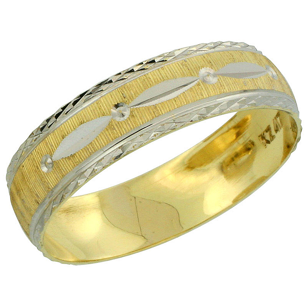 10k Gold Men&#039;s Wedding Band Ring Diamond-cut Pattern Rhodium Accent, 7/32 in. (5.5mm) wide, Sizes 8 - 14