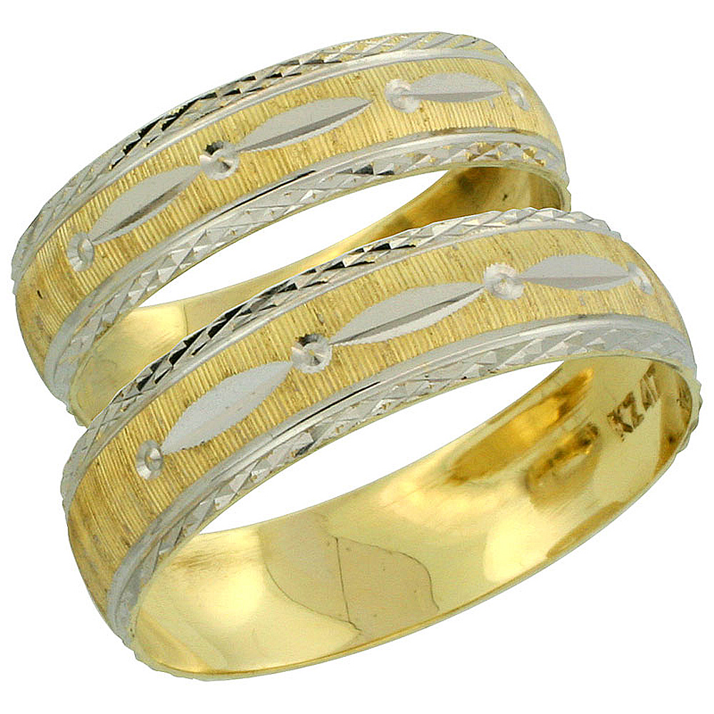 10k Gold 2-Piece Wedding Band Ring Set Him &amp; Her 5.5mm &amp; 4.5mm Diamond-cut Pattern Rhodium Accent, Ladies&#039; Sizes 5 - 10 &amp; Men&#039;s 