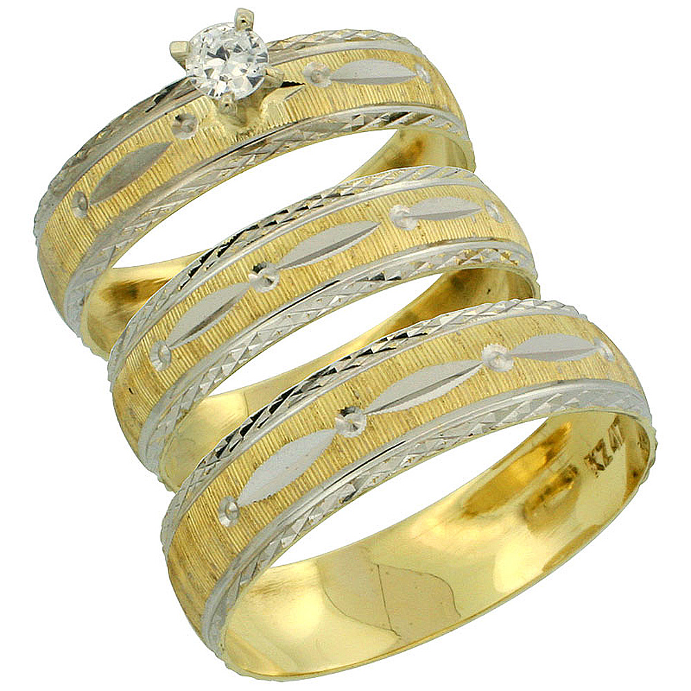 10k Gold 3-Piece Trio Diamond Wedding Ring Set Him &amp; Her 0.10 ct Rhodium Accent Diamond-cut Pattern , Ladies Sizes 5 - 10 &amp; Men&#039;