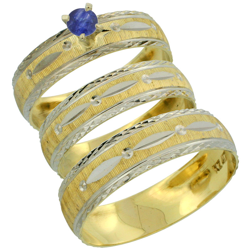 10k Gold 3-Piece Trio Blue Sapphire Wedding Ring Set Him &amp; Her 0.10 ct Rhodium Accent Diamond-cut Pattern, Ladies Sizes 5 - 10 &amp;