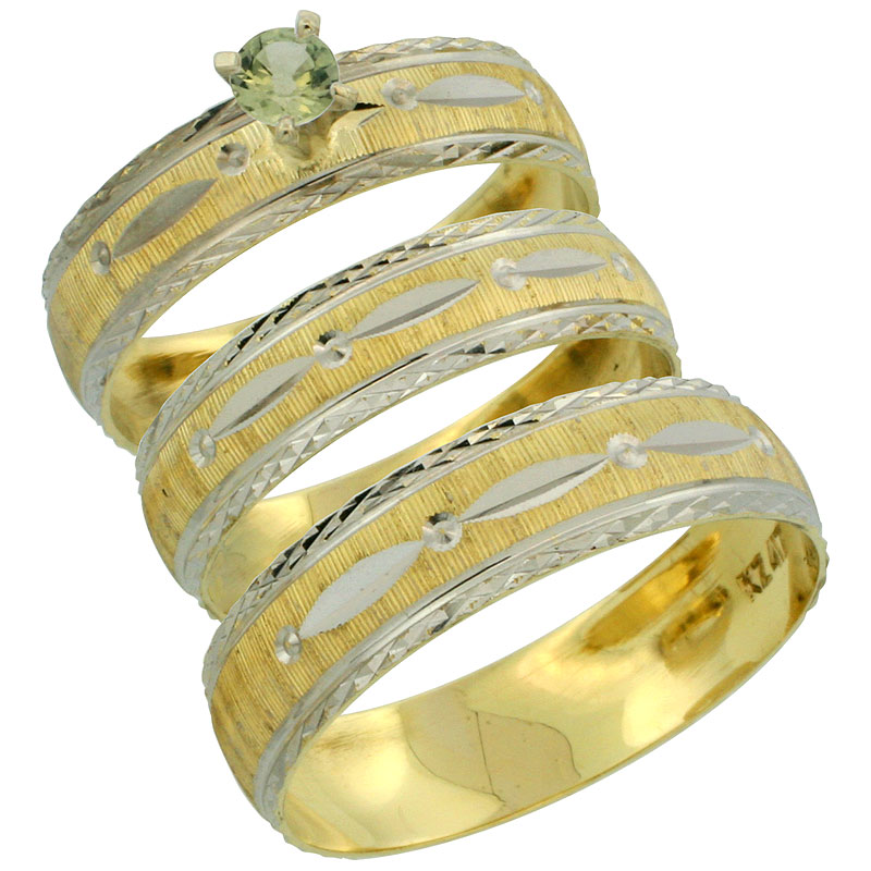 10k Gold 3-Piece Trio Green Sapphire Wedding Ring Set Him & Her 0.10 ct Rhodium Accent Diamond-cut Pattern, Ladies Sizes 5 - 10 