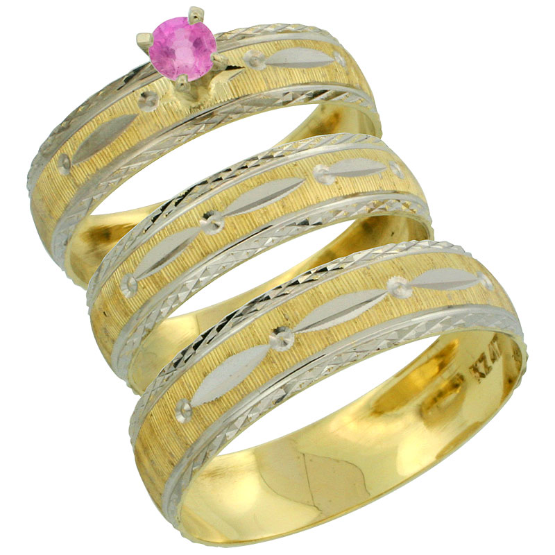 10k Gold 3-Piece Trio Pink Sapphire Wedding Ring Set Him &amp; Her 0.10 ct Rhodium Accent Diamond-cut Pattern, Ladies Sizes 5 - 10 &amp;