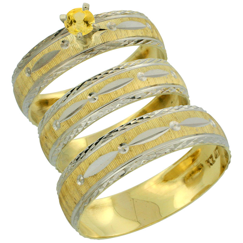 10k Gold 3-Piece Trio Yellow Sapphire Wedding Ring Set Him & Her 0.10 ct Rhodium Accent Diamond-cut Pattern, Ladies Sizes 5 - 10