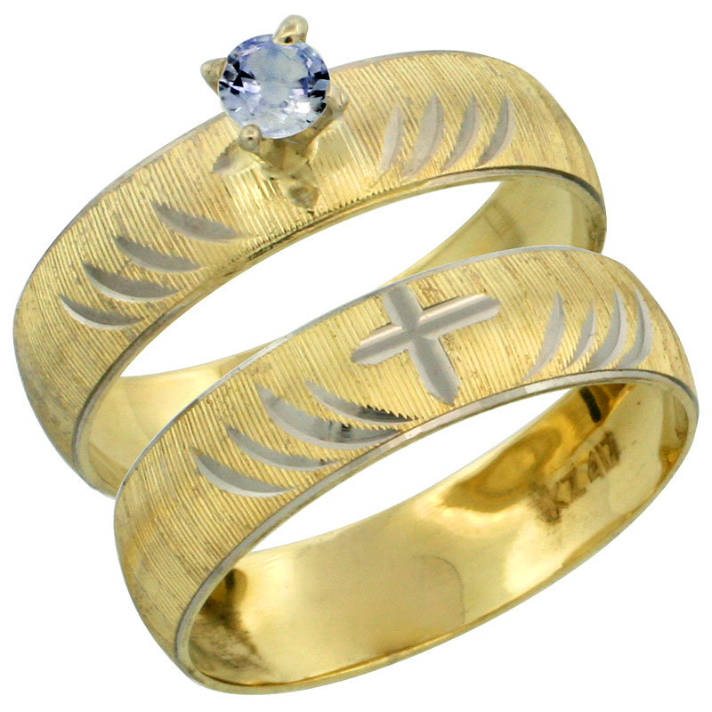 10k Gold Ladies&#039; 2-Piece 0.25 Carat Light Blue Sapphire Engagement Ring Set Diamond-cut Pattern Rhodium Accent, 3/16 in. (4.5mm) wide, Sizes 5 - 10