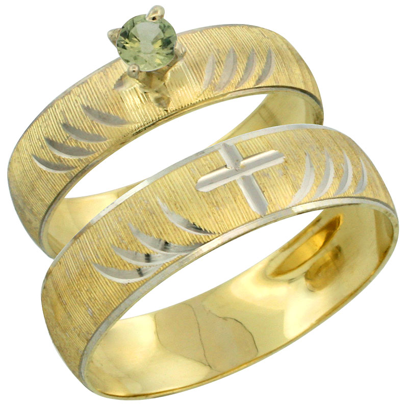 10k Gold 2-Piece 0.25 Carat Green Sapphire Ring Set (Engagement Ring & Man's Wedding Band) Diamond-cut Pattern Rhodium Accent, (4.5mm; 5.5mm) wide , Ladies' Sizes 5 - 10 & Men's Size 8 - 14