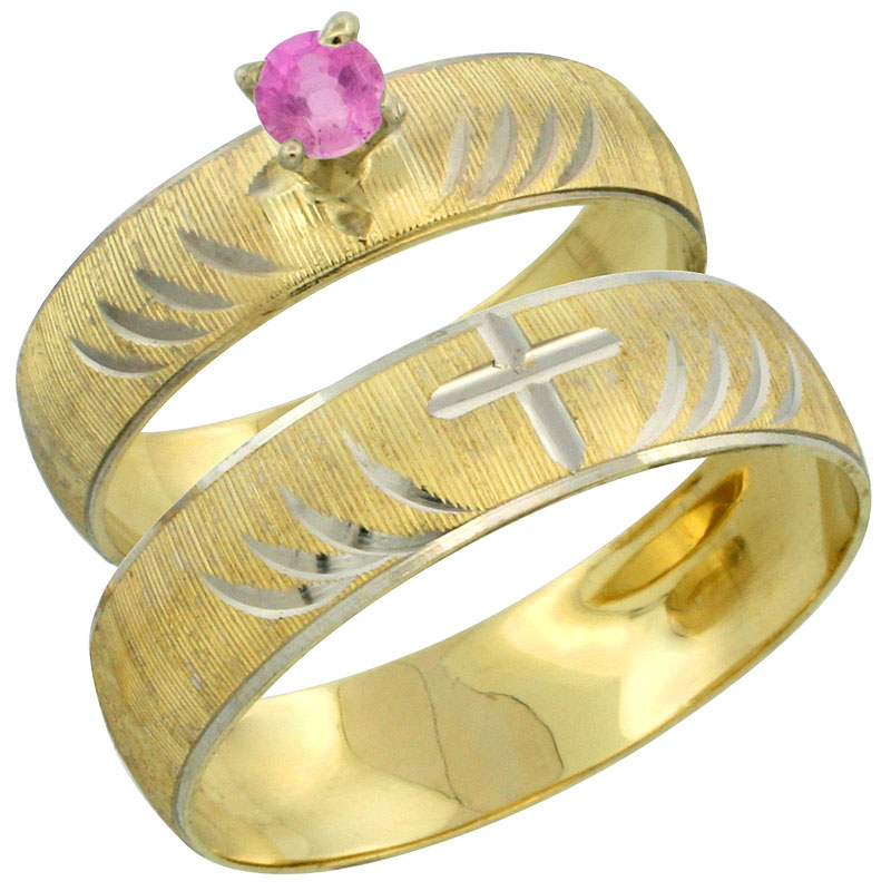 10k Gold 2-Piece 0.25 Carat Pink Sapphire Ring Set (Engagement Ring &amp; Man&#039;s Wedding Band) Diamond-cut Pattern Rhodium Accent, (4.5mm; 5.5mm) wide , Ladies&#039; Sizes 5 - 10 &amp; Men&#039;s Size 8 - 14