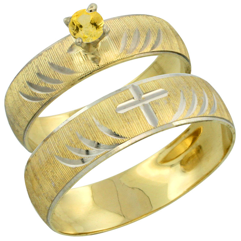 10k Gold 2-Piece 0.25 Carat Yellow Sapphire Ring Set (Engagement Ring & Man's Wedding Band) Diamond-cut Pattern Rhodium Accent, (4.5mm; 5.5mm) wide , Ladies' Sizes 5 - 10 & Men's Size 8 - 14