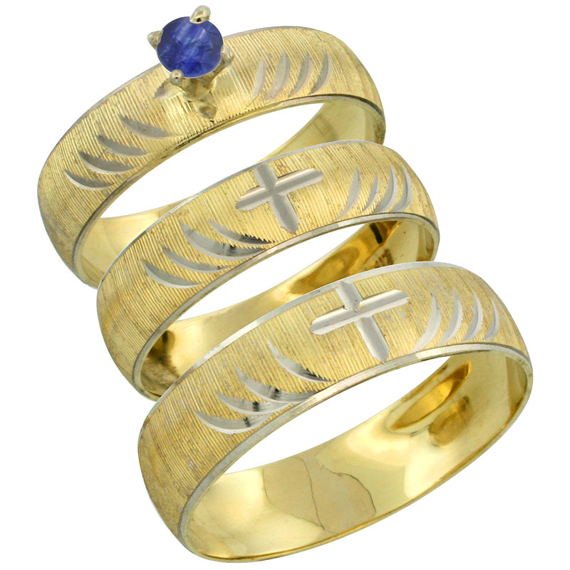 10k Gold 3-Piece Trio Blue Sapphire Wedding Ring Set Him &amp; Her 0.10 ct Rhodium Accent Diamond-cut Pattern, Ladies Sizes 5 - 10 &amp; Men&#039;s Sizes 8 - 14