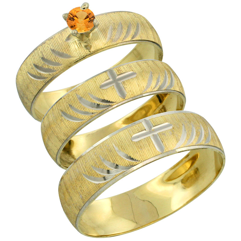 10k Gold 3-Piece Trio Orange Sapphire Wedding Ring Set Him &amp; Her 0.10 ct Rhodium Accent Diamond-cut Pattern, Ladies Sizes 5 - 10 &amp; Men&#039;s Sizes 8 - 14