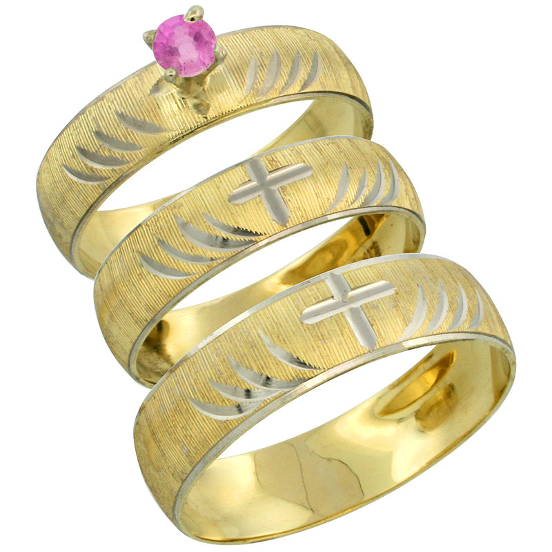 10k Gold 3-Piece Trio Pink Sapphire Wedding Ring Set Him &amp; Her 0.10 ct Rhodium Accent Diamond-cut Pattern, Ladies Sizes 5 - 10 &amp; Men&#039;s Sizes 8 - 14