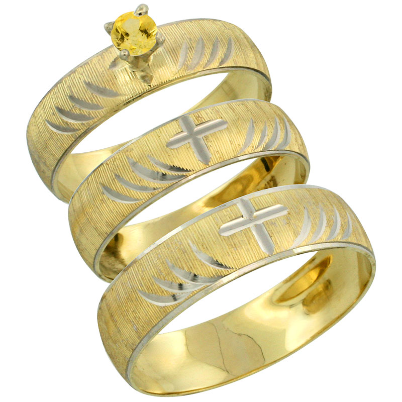 10k Gold 3-Piece Trio Yellow Sapphire Wedding Ring Set Him &amp; Her 0.10 ct Rhodium Accent Diamond-cut Pattern, Ladies Sizes 5 - 10 &amp; Men&#039;s Sizes 8 - 14