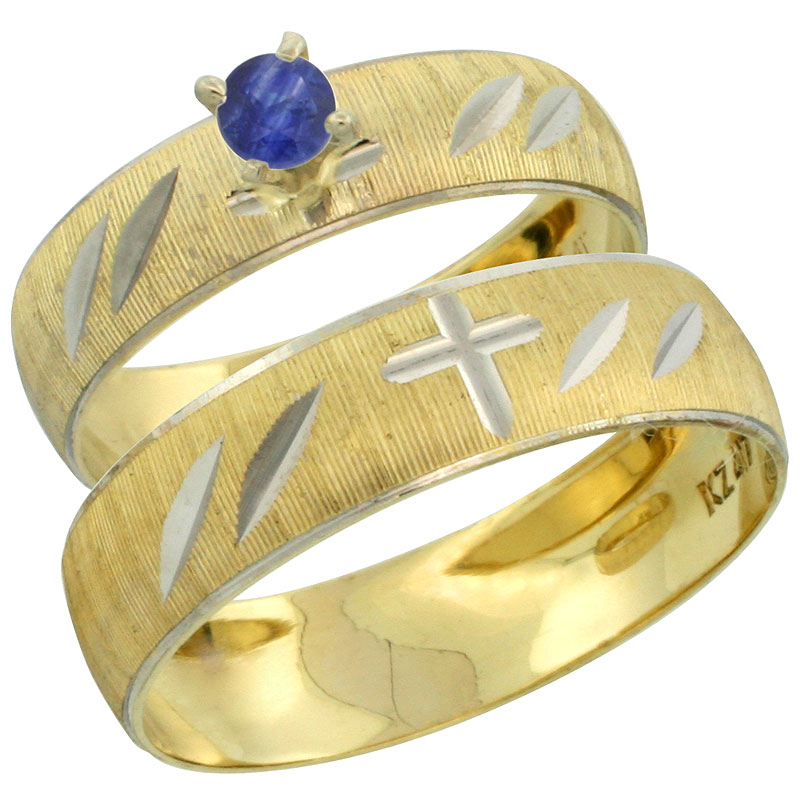 10k Gold 2-Piece 0.25 Carat Deep Blue Sapphire Ring Set (Engagement Ring & Man's Wedding Band) Diamond-cut Pattern Rhodium Accent, (4.5mm; 5.5mm) wide , Ladies' Sizes 5 - 10 & Men's Size 8 - 14
