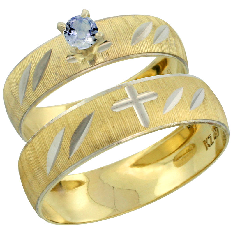 10k Gold 2-Piece 0.25 Carat Light Blue Sapphire Ring Set (Engagement Ring &amp; Man&#039;s Wedding Band) Diamond-cut Pattern Rhodium Accent, (4.5mm; 5.5mm) wide , Ladies&#039; Sizes 5 - 10 &amp; Men&#039;s Size 8 - 14