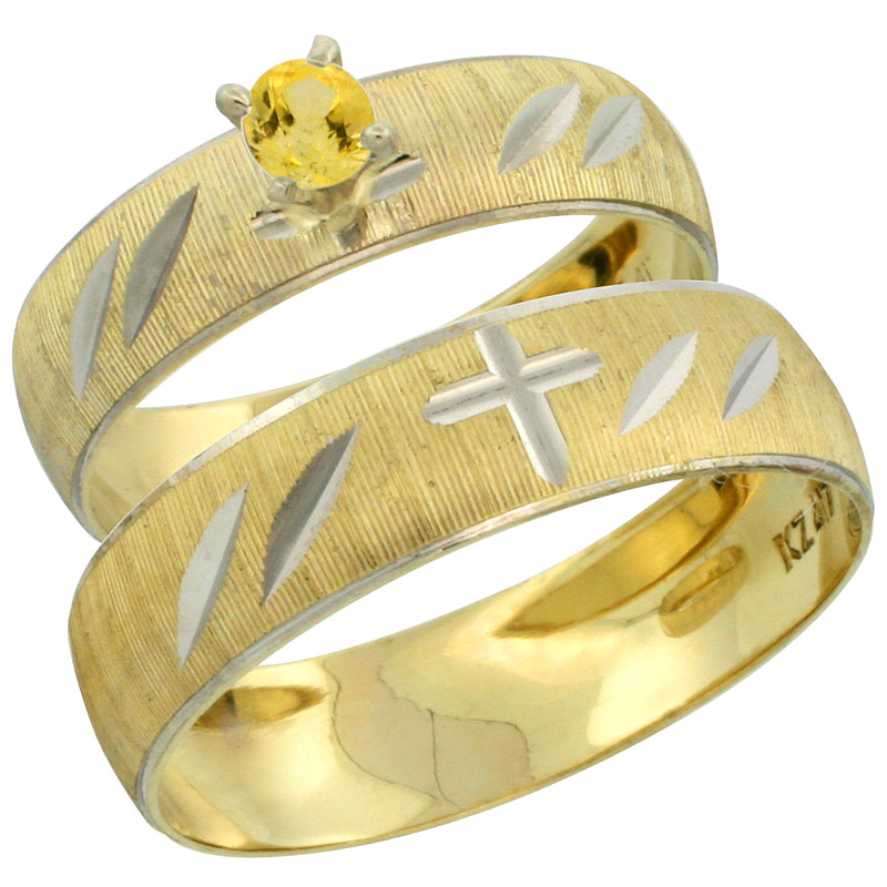 10k Gold 2-Piece 0.25 Carat Yellow Sapphire Ring Set (Engagement Ring & Man's Wedding Band) Diamond-cut Pattern Rhodium Accent, (4.5mm; 5.5mm) wide , Ladies' Sizes 5 - 10 & Men's Size 8 - 14