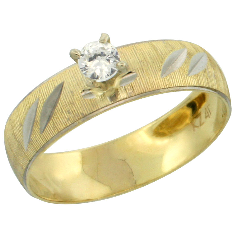 10k Gold Solitaire Diamond Engagement Ring 0.10 ct Diamond-cut Pattern Rhodium Accent, 3/16 in. (4.5mm) wide, Sizes 5 - 10